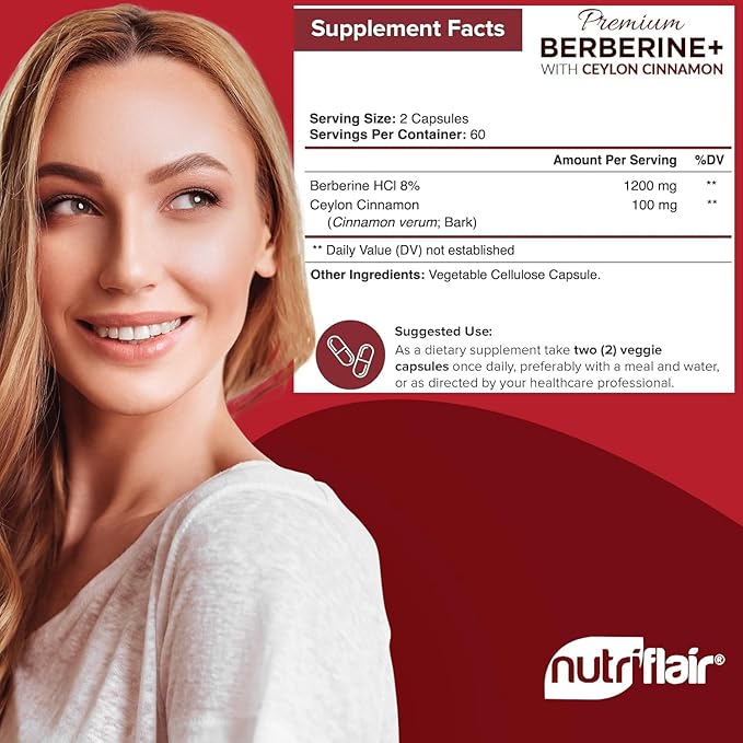 NutriFlair Premium Berberine HCL 1200mg 120 Capsules - Plus Pure True Ceylon Cinnamon Berberine HCI Root Supplements Pills - Immune System - Made in USA
