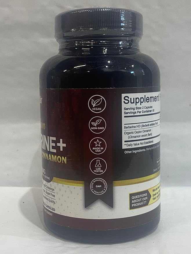 NutriFlair Premium Berberine HCL 1200mg 120 Capsules - Plus Pure True Ceylon Cinnamon Berberine HCI Root Supplements Pills - Immune System - Made in USA