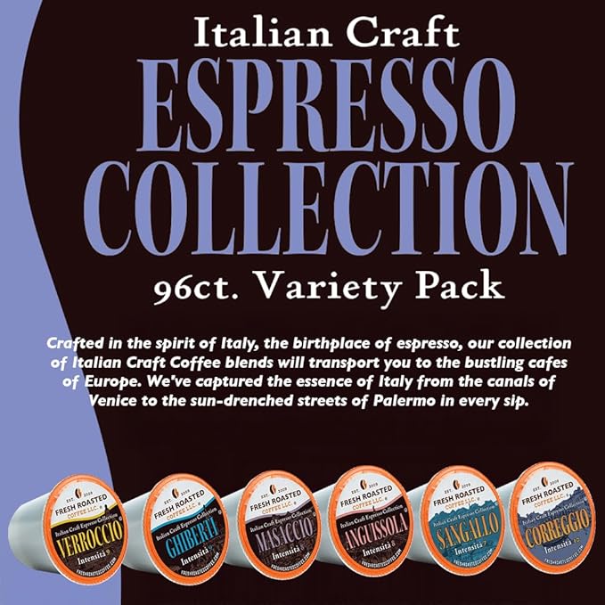 Fresh Roasted Coffee Italian Craft Coffee Variety Pack Artisan Blend Dark Roast Kosher 96 Pods for K cup Brewers