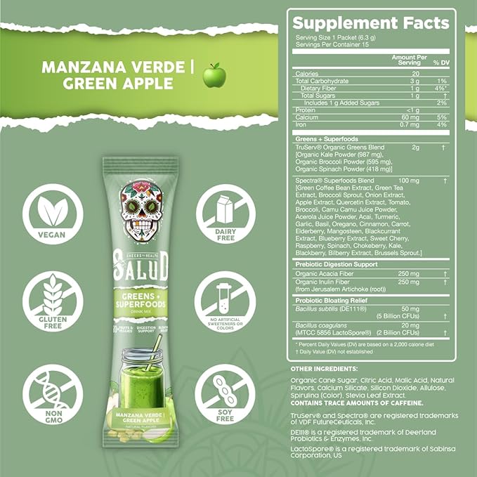 Salud 2-in-1 Greens Powder + Superfood Drink Mix Packets 20+ Fruits and Veggies Probiotics Prebiotics Supports Digestive Health Bloating Relief Vegan Green Apple (15 Servings)