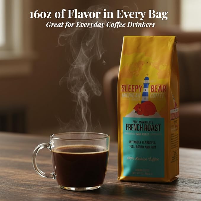 Sleepy Bear Pere Marquette French Roast Ground Coffee – Bold Dark Roast Arabica Michigan-Made Rich Flavor No Bitterness No Sugar Added 16oz Recloseable Bag (1 16 oz)