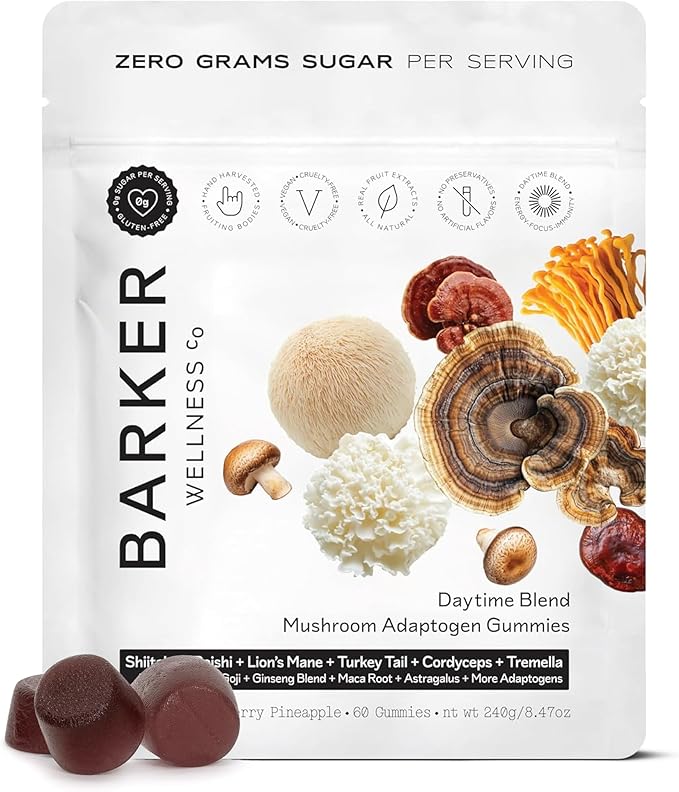 Barker Wellness Daytime Sugar-Free Adaptogen Mushroom Gummies - Lion's Mane Cordyceps Reishi &amp Shiitake | Vegan Immune System Support Natural Energy Enhanced Focus &amp Mood for Adults | 60