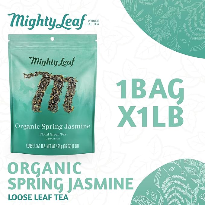 Mighty Leaf Organic Spring Jasmine Green Tea – 1 lb Bulk Loose Leaf Bag – Lightly Caffeinated Premium Whole Leaf Green Tea Naturally Scented with Jasmine Blossoms – Hot or Iced Brewing
