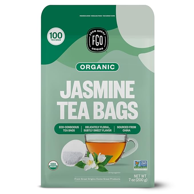 FGO Organic Jasmine Green Tea 100 Count Eco-Conscious Tea Bags Resealable Bag Packaging May Vary (Pack of 1)