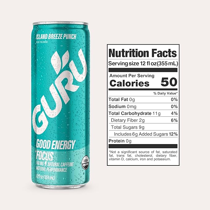 GURU PUNCH Organic Energy Drinks Variety Pack Clean Energy Drink with Plant Based Natural Caffeine from Green Tea + Focus w/L-Theanine Gluten Free 140mg Caffeine Healthy Drinks 12oz (Pack of 12)