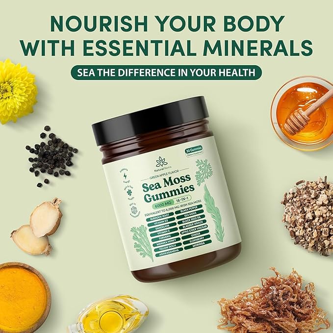 Natural Rems Sea Moss Gummies 16-in-1 - Ashwagandha Black Seed Oil Bladder Wrack Turmeric Vitamin C &amp D3 with Manuka Burdock Root Dandelion Yellow Dock Elderberry Apple Cider Vinegar (Green Apple)