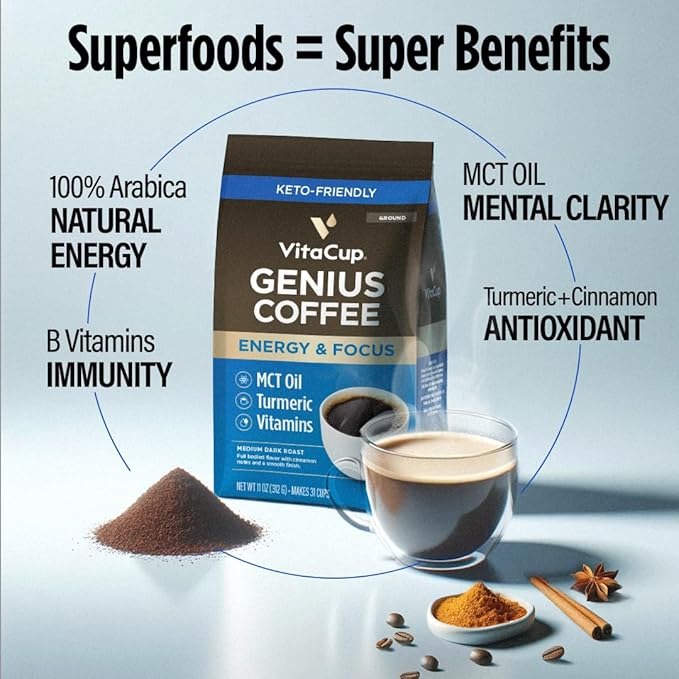 VitaCup Perfect Low Acid Ground Coffee11 oz &amp Genius Keto Ground Coffee 11 oz Bundle | Infused with Superfoods (MCT Oil Turmeric Vitamins) for Energy &amp Focus