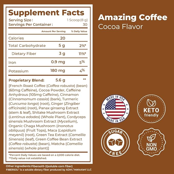 Superfoods Company | Amazing Coffee - Instant French Roast | Adaptogenic Mushrooms Superfoods infused - Energy Focus Digestion Immunity - 60 Servings - Cocoa Flavor
