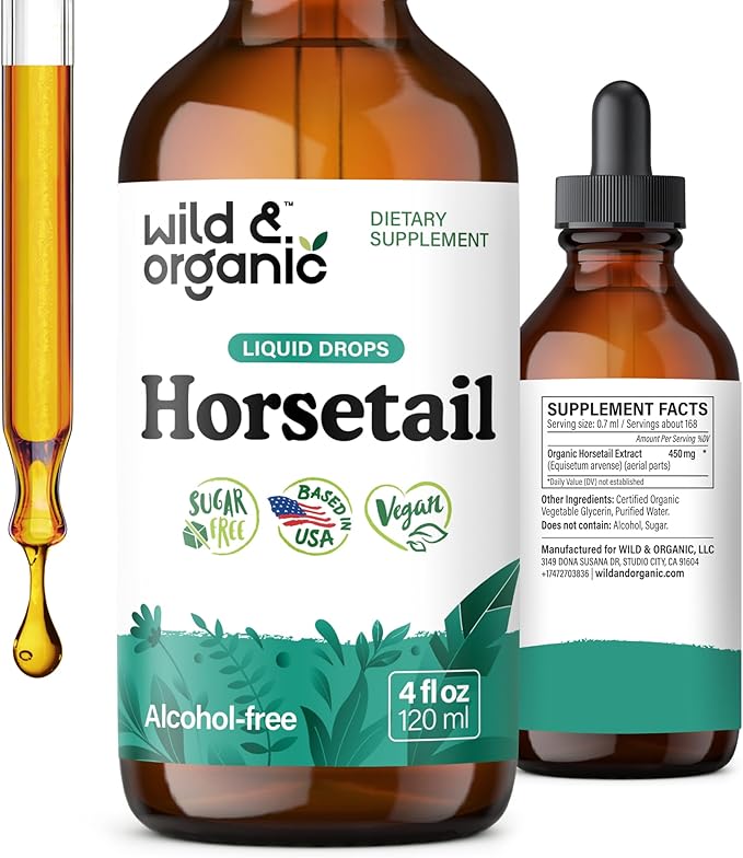 Wild &amp Organic Horsetail Herb Tincture - Hair Skin and Nails Support - Liquid Horsetail Supplement - Vegan Sugar &amp Alcohol-Free Leaf Extract Drops - 4 fl oz