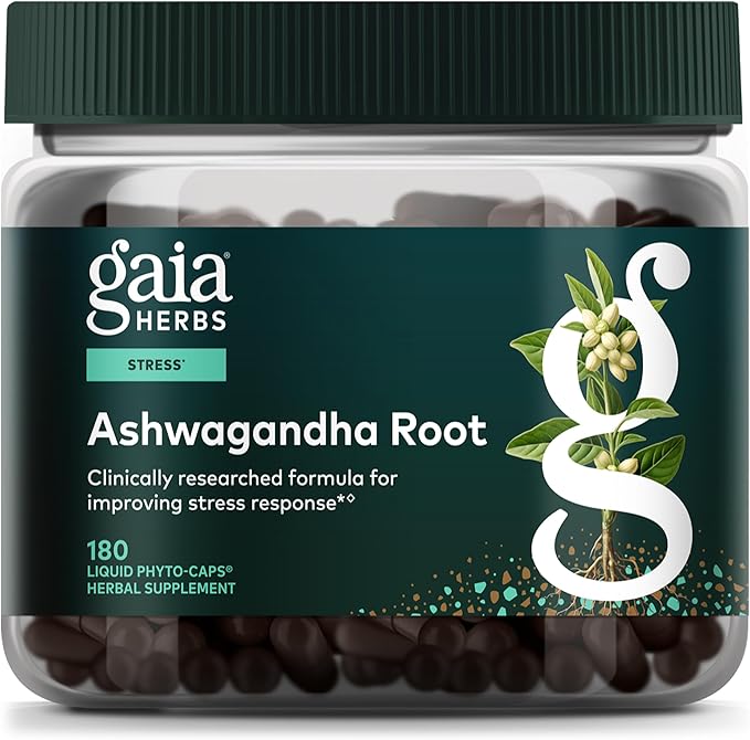 Gaia Herbs Ashwagandha Root - Stress Relief &amp Sleep Support Supplement - Supports Balanced Energy Levels &amp Positive Outlook* - 180 Vegan Liquid Phyto-Caps (90 Servings)