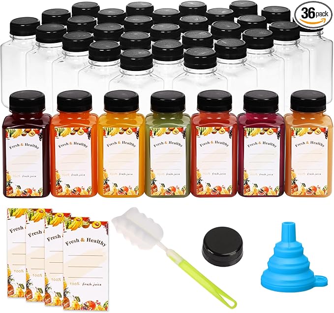 Moretoes 36pcs 8oz Juice Bottles Plastic Bottles with Lids Reusable Clear Containers with Caps for Juicing Smoothie and Other Beverages