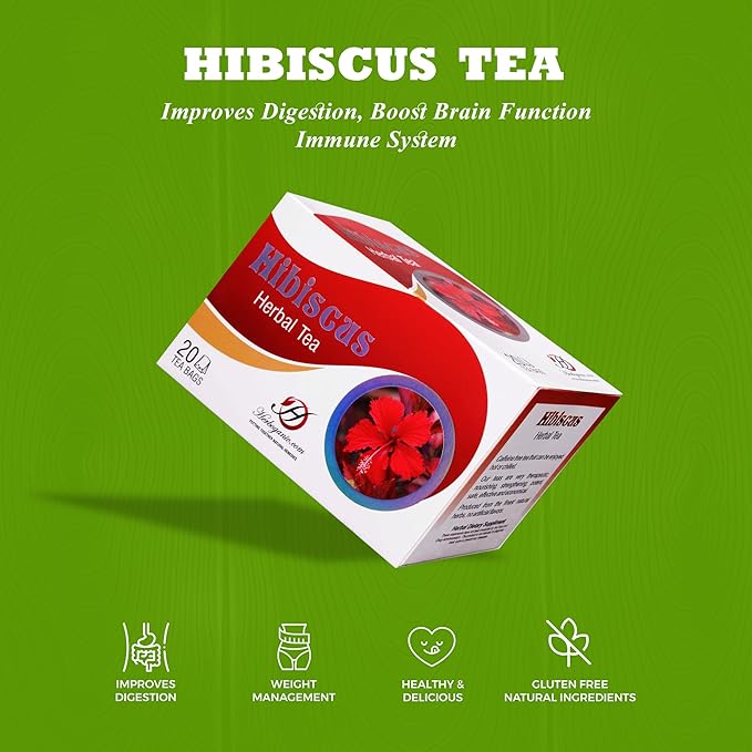 HERBOGANIC Hibiscus Herbal Tea - Digestion and Immune Support | Refreshing and Delicious Blend | Natural Ingredients | 60 Tea Bags