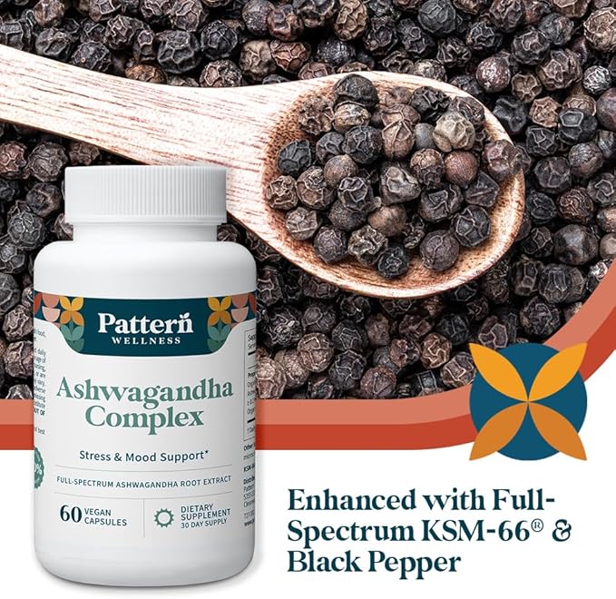 Pattern Wellness Ashwagandha Complex for Men &amp Women – Organic KSM-66® &amp Black Pepper Extract – Supports Stress Response &amp Energy Balance – Non-GMO – 120 Vegan Capsules