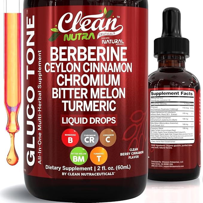 Clean Nutra Berberine with Ceylon Cinnamon Supplement Liquid Drops + Bitter Melon Extract Glucomannan Gymnema Chromium Turmeric Organic Panax Ginseng Moringa GLP-1 Support