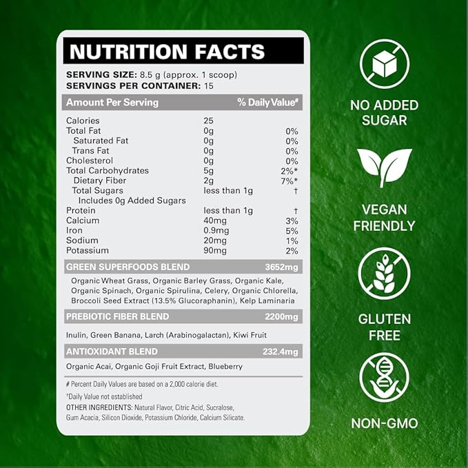 EHP Labs OxyGreens Super Greens Powder with Spirulina &amp Chlorella Prebiotic Fiber Probiotics &amp Digestive Enzymes – Antioxidant Green Superfood Supplement - 15 Servings (Forest Berries)
