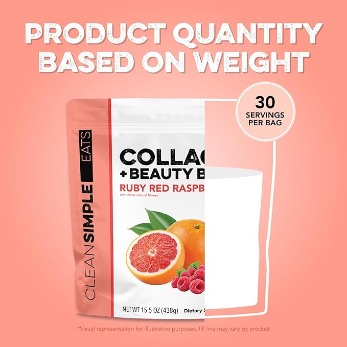 Clean Simple Eats Collagen Powder + Beauty Blend Ruby Red Raspberry Hydrolyzed Collagen Peptides from Grass Fed Bovine &amp Chicken Hyaluronic Acid for Hair Skin Nail &amp Joint Support 30 Ser