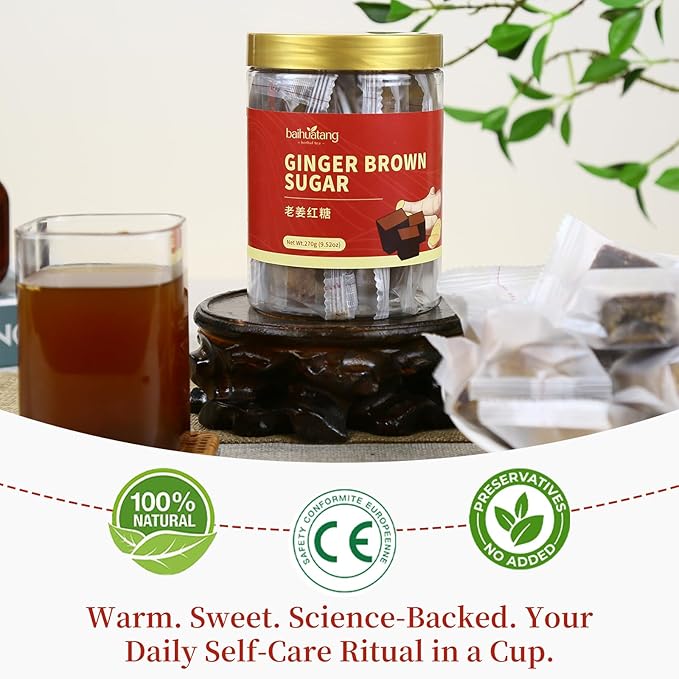 Baihuatang Premium Handmade Ancient Brown Sugar Ginger Tea Traditional Yunnan Handmade Black Sugar Ginger Tea Cubes | 270g | Pure Raw Sugarcane | No Additives | Individually Wrapped | Soothing for Col