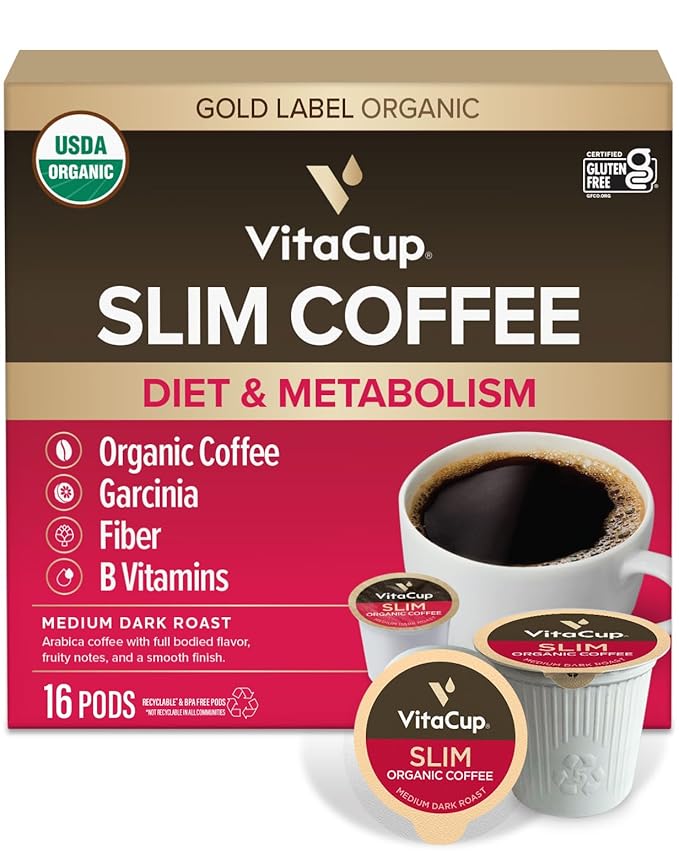 VitaCup Slim Organic Coffee Pods Diet Support with Ginseng Garcinia B Vitamins Bold Medium Dark Roast Single Serve Pod Compatible with Keurig K-Cup Brewers16 Ct