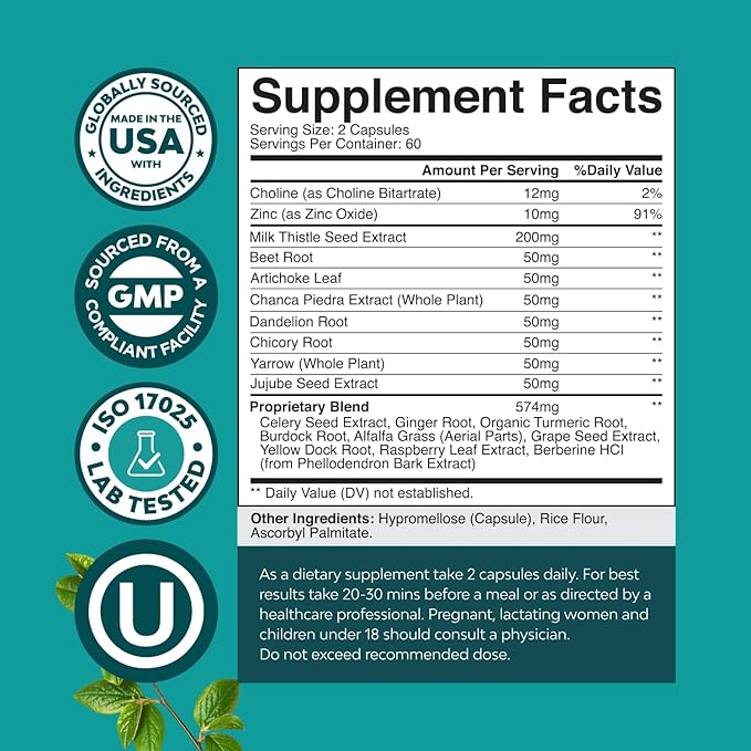 Liver Cleanse Detox &amp Repair - Herbal Liver Support with Ginger Root Choline &amp Dandelion Root - Milk Thistle Supplement for Digestion &amp Immune Health - Silymarin Beetroot &amp Artichoke