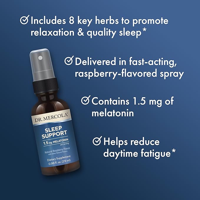 Dr. Mercola Sleep Support with Melatonin Spray - Supports Restful Sleep - Non-GMO Gluten-Free &amp Soy-Free - Natural Raspberry Flavor - 0.98 fl oz (3 Pack)