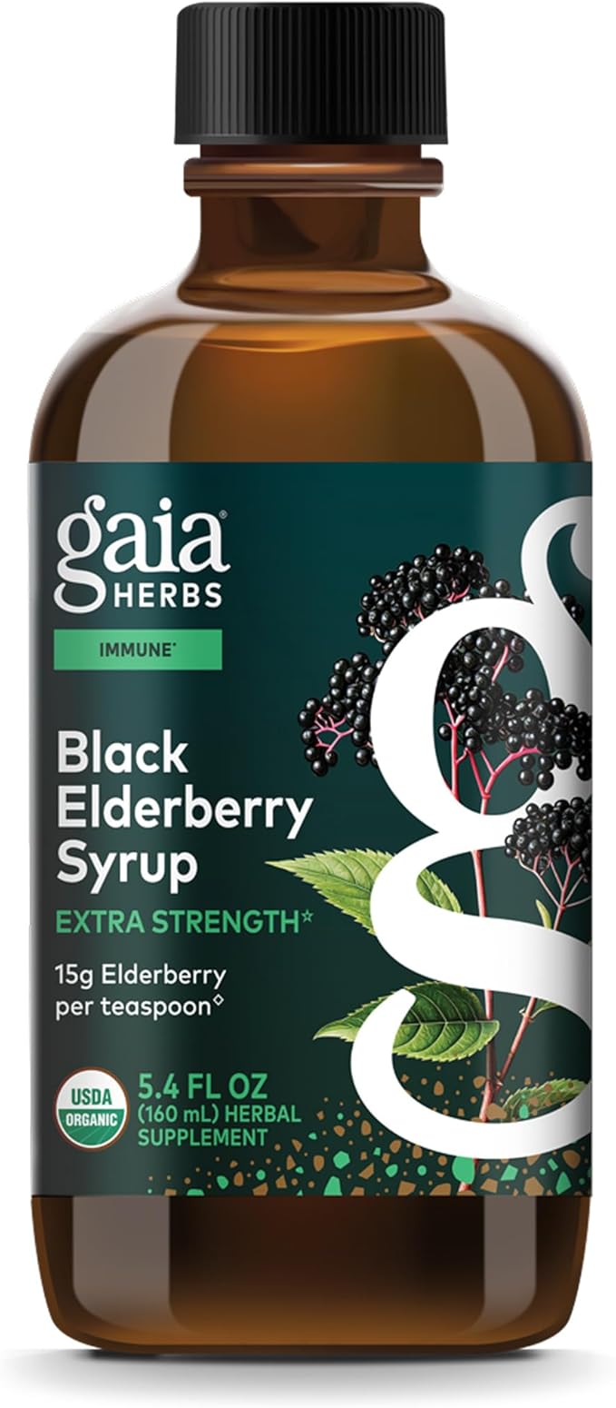 Gaia Herbs Black Elderberry Syrup - Made with Organic Black Elderberries (Sambucus nigra) for Immune System Support* - USDA Certified Organic Formula - 5.4 Fl Oz (About 32 to 128 Servings)