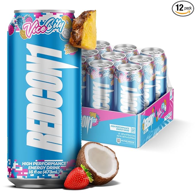 REDCON1 Energy High Performance Drink Vice City - Zero Sugar Energy Drink with Alpha GPC Nootropic - 200mg of Natural Caffeine from Green Coffee Beans - Vitamin B6 B12 &amp B5 to Boost Mood (12 ct)