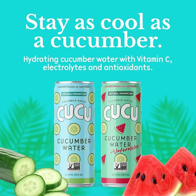 CUCU Pressed Cucumber + Watermelon Water – Real Juice from Fresh Cucumbers and Watermelons with Vitamin C Electrolytes &amp Antioxidants – No Sugar Added Non-GMO – 11 fl oz Cans 12 Pack
