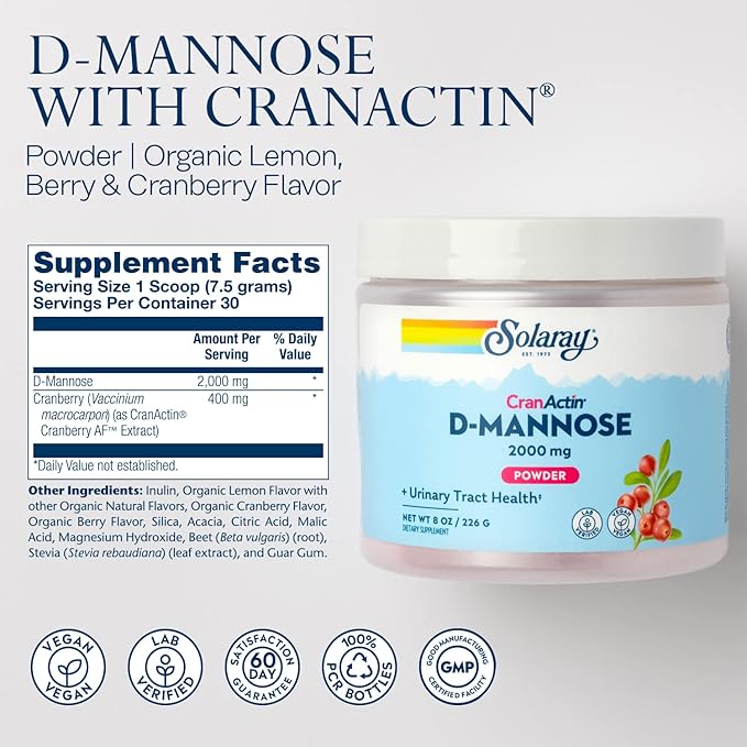 SOLARAY D-Mannose with CranActin Cranberry AF Extract Powder 2000 mg 400 mg of Cranberry Extract Healthy Urinary Tract Support Organic Natural Flavors 30 Servings 8 oz