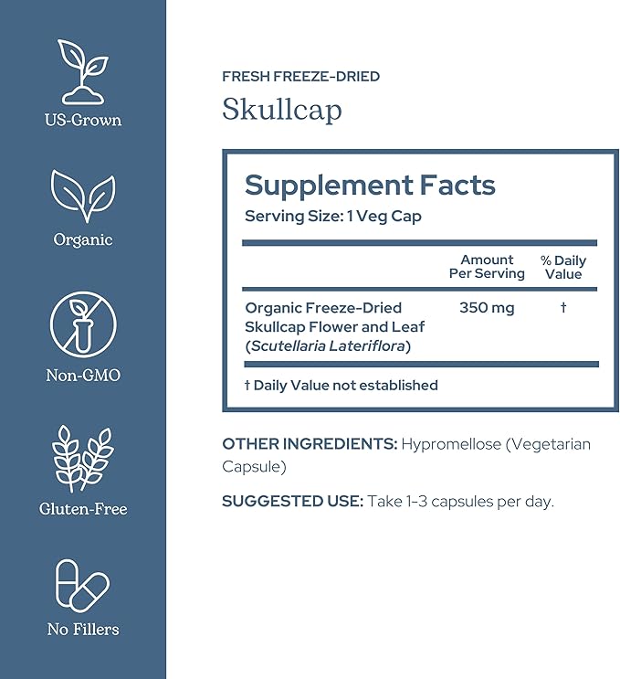Eclectic Herb - Skullcap Capsules | Natural Sleep Calm &amp Relaxation Support | Herbal Supplement | Vegan Non-GMO Gluten Free Raw Freeze-Dried (90 CT | 350 mg)