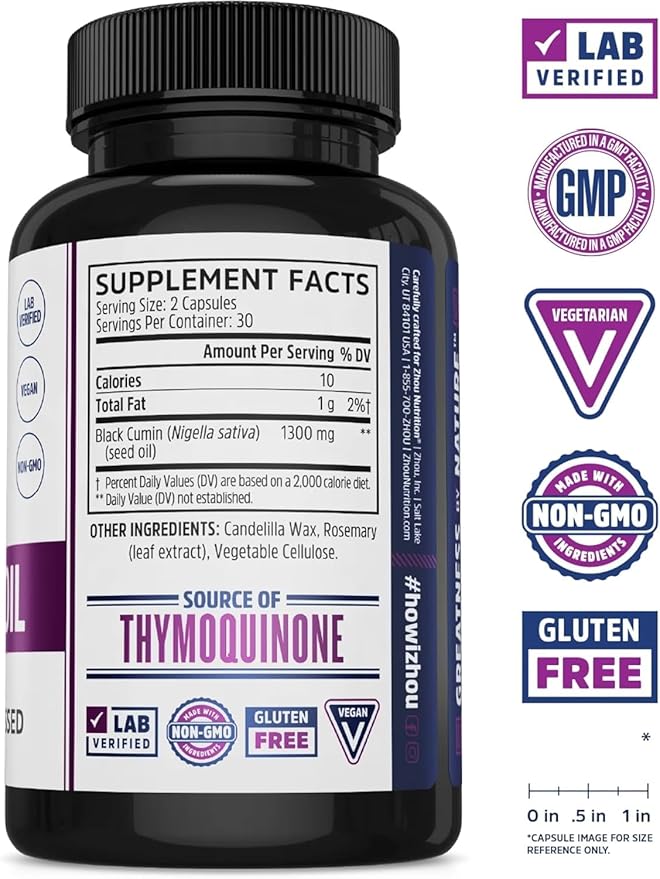 ZHOU Black Seed Oil Capsules - Black Cumin Seed Oil Cold Pressed Nigella Sativa Pure Unrefined Blackseed Premium Supplement for Health Hair &amp Skin w/Thymoquinone - 60 Capsules (Pack of 2)
