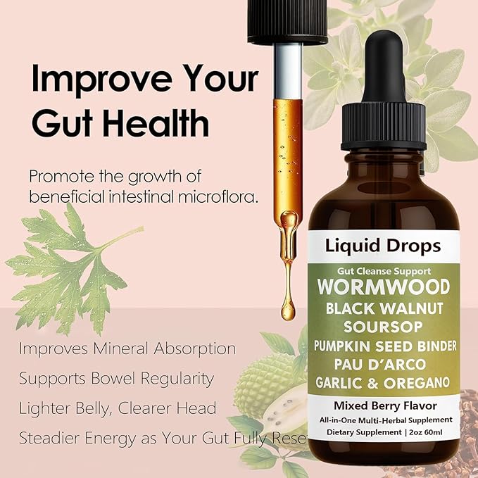 Prozen Wormwood Gut Cleanse Liquid Drops Black Walnut Wormwood Clove Liquid Extract with Soursop &amp Oregano Oil - Supports Digestive Health Energy Boost - 2 Fl Oz (1)