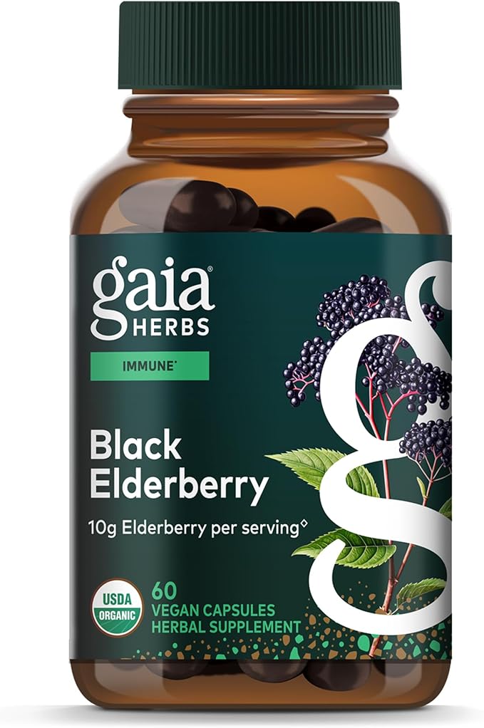 Gaia Herbs Black Elderberry - Daily Immune Support Supplement to Help Support Wellness - with Black Elderberries &amp Acerola Fruit for Antioxidant Support* - 60 Vegan Capsules (30 Servings)