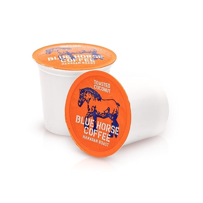 Blue Horse 'Gentle Giant' Hawaiian Roast (20% Kona) Coffee Pods - Toasted Coconut - Medium Roast 24ct Single Serve Compatible with K Cups 2.0 Farm Fresh Premium 100% Arabica Beans