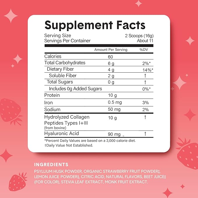 Bellway Super Fiber Powder + Collagen Sugar-Free Psyllium Husk Powder with Collagen Peptides and Hyaluronic Acid for Gut Health Healthy Skin Nails Bones &amp Joints Strawberry Lemonade (11 Servi