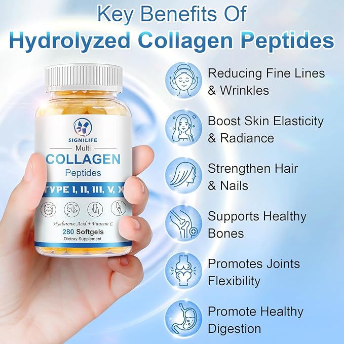Multi Collagen Peptides for Women &amp Men Hydrolyzed Collagen Peptides-Type I II III V X - with Hyaluronic AcidVitamin CBiotinSupports Skin Hair Nail Non-GMO840 Softgels