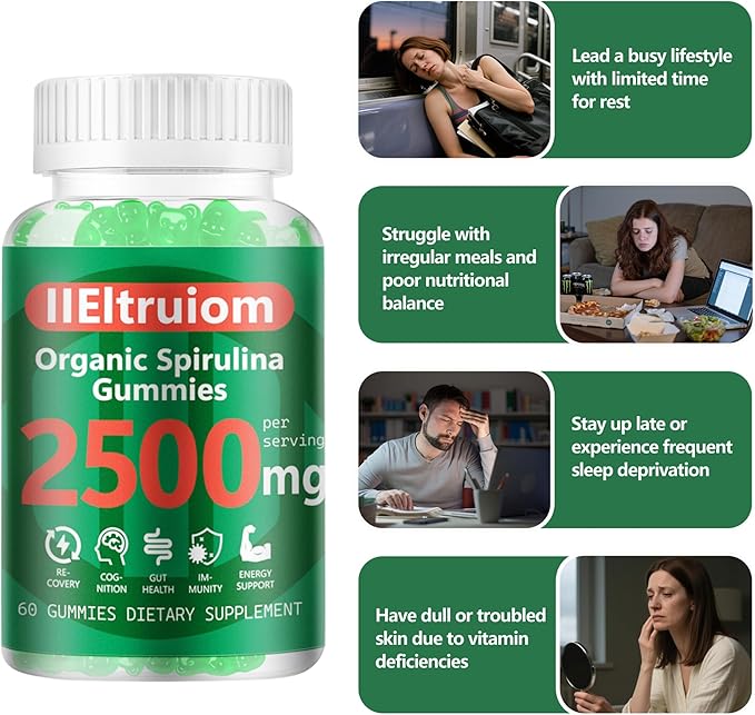 Spirulina Gummies Organic Spirulina 2500mg Enhanced Daily Energy - Your Daily Super Greens with Sea Moss Chlorophyll GLA Non-GMO Gluten Free 120 Vegan Gummies
