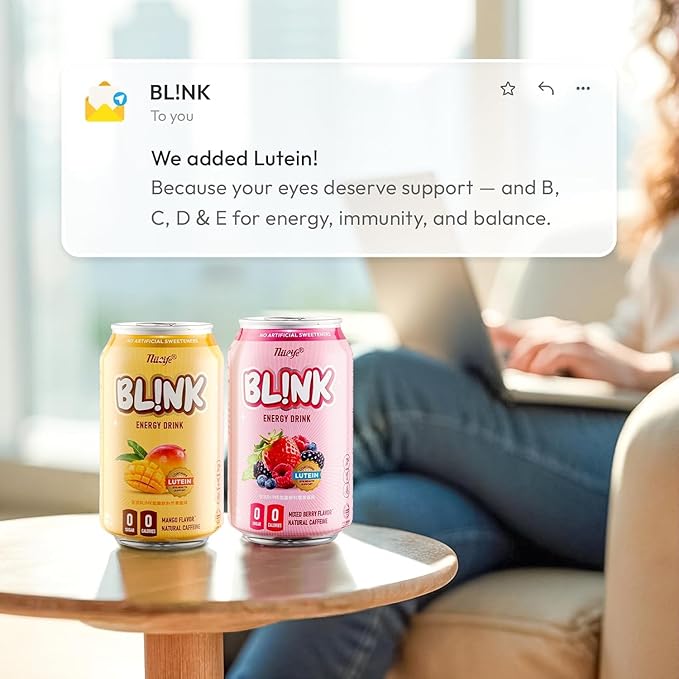 NÜLIFE BL!NK Zero Sugar Sparkling Energy Drink 96mg Natural Caffeine Contains Lutein Clean Energy Drink No Artificial Sweetener Mango Flavor 11.16 Fl Oz (Pack of 12)