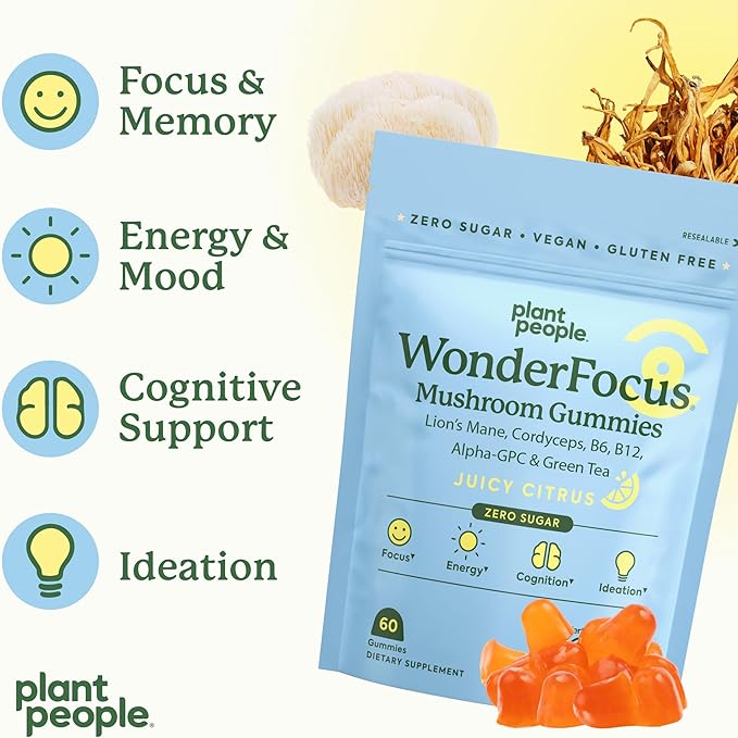 Plant People WonderFocus Mushroom Gummies with Lion’s Mane &amp Cordyceps - Nootropic Brain Supplement Boosts Memory Focus Energy &amp Mood in Adults | No Sugar 100% Vegan Citrus Flavor 60 Coun