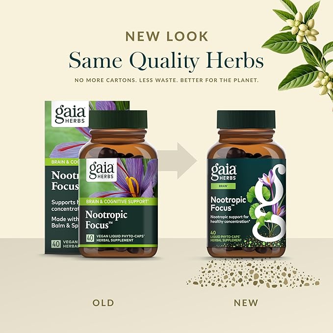 Gaia Herbs Nootropic Focus - Brain &amp Cognitive Support Supplement to Help Maintain Healthy Concentration* - with Saffron Lemon Balm &amp Spearmint - 40 Liquid Phyto-Capsules (20 Servings)