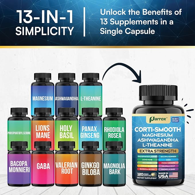 Corti-Smooth Cortisol Supplement Magnesium L-Theanine Ashwagandha Magnolia Bark Panax Ginseng Bacopa Monnieri GABA Lions Mane Ginkgo Biloba Phosphatidylserine Valerian Root (120 Caps)
