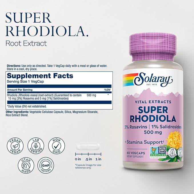Solaray Super Rhodiola 500mg - Rhodiola Rosea Root Extract Supplement Adaptogenic Herb Support for Focus Stress and Energy Vegan Pills Non-GMO - 60 Vegetarian Capsules