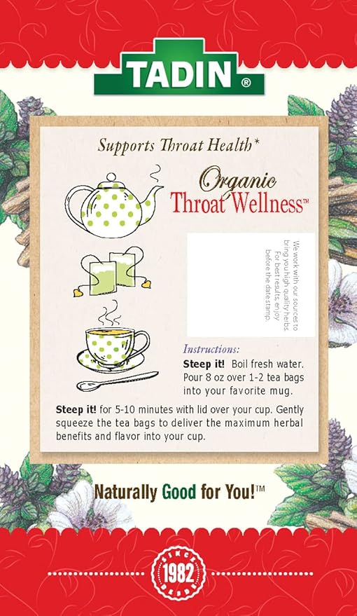 Tadin Organic Throat Wellness Tea Caffeine Free Herbal Tea for Throat Relief 20 Tea Bags Per Box Pack of 6