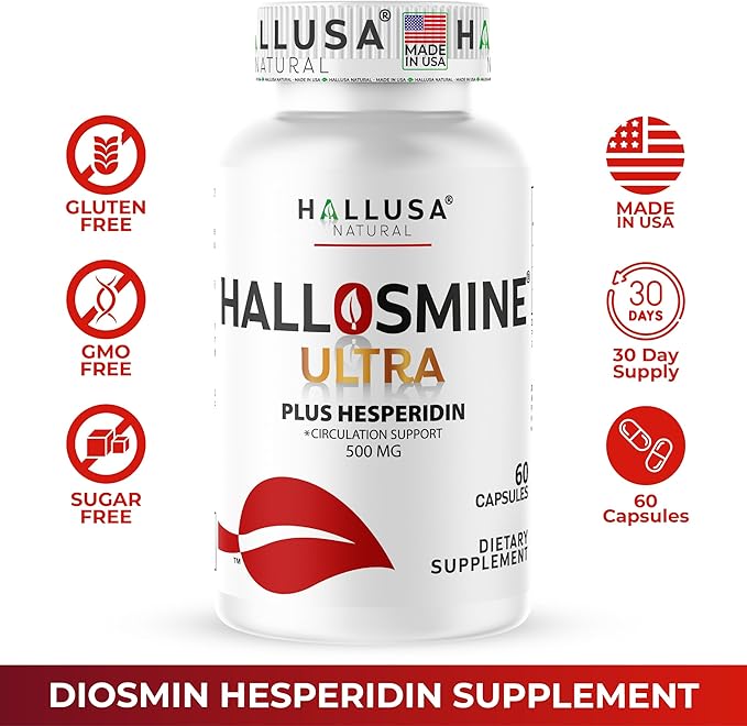 Hallusa Natural Hallosmine Ultra Diosmin 500mg &amp Hesperidin 150mg – Heavy Legs Swelling &amp Vein - Blood Circulation Supplements 60 Caps