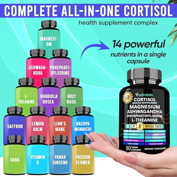 Adndale Cortisol Supplements for Women. Cortisol Reducer 14-in-1 Ashwagandha Supplement with Magnesium Glycinate L-Theanine &amp More. 90 Capsules.