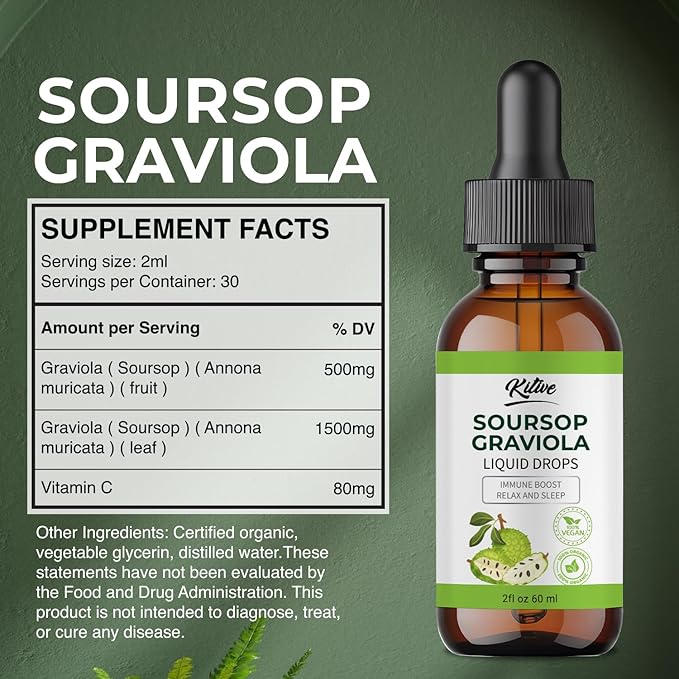 Organic Soursop Bitters Liquid Drops: Cell Support &amp Regeneration Immune Boost Relaxation-Organic Soursop Bitters Liquid Extract Pure Vegan Gluten-Free for Men &amp Women 60ml