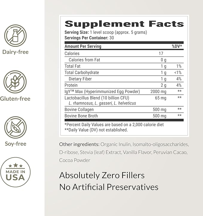 Microbiome Breakthrough Gut Support Powder Chocolate Flavor With Lactobacillus Strains Bone Broth &amp Collagen Source of L-Glutamine Supports Digestive Comfort Gas &amp Bloating Relief 30 Serving