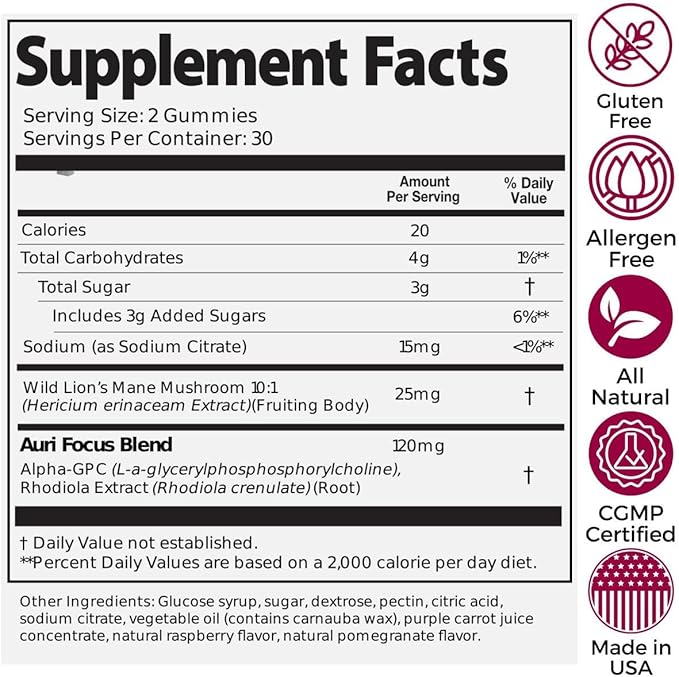 Auri Nutrition Super Mushroom Focus Gummies w/Lion's Mane Alpha GPC &amp Rhodiola – Mushroom Supplement to Support Cognitive Function Mental Clarity Focus &amp Energy 60 Gummies Vegan Friendly