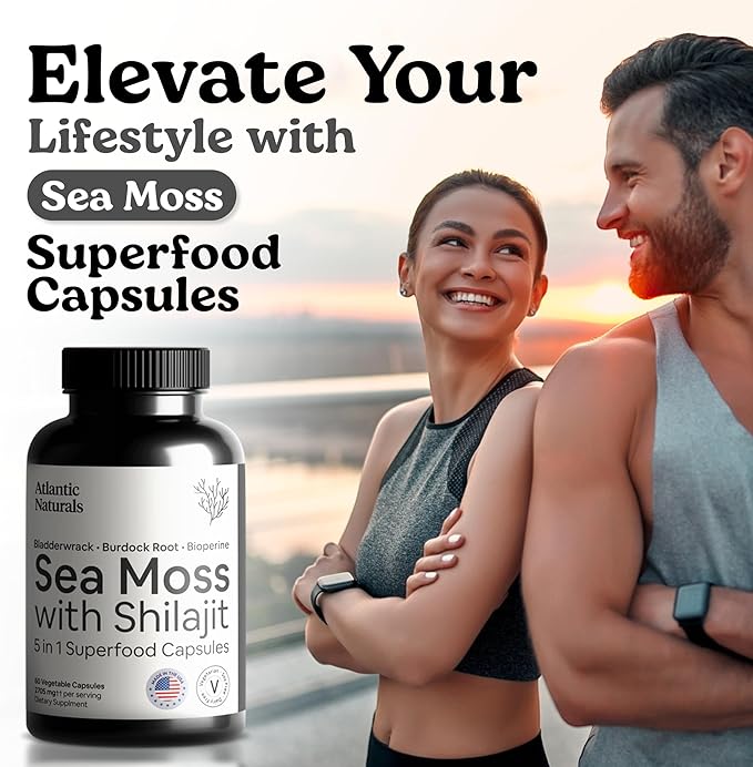Atlantic Naturals Irish Sea Moss and Shilajit Capsules for Men &amp Women | 5-in-1 Seamoss Shilajit Combo with Bladderwrack Burdock Root &amp Black Pepper for Absorption &amp Vitality - 2705mg 60