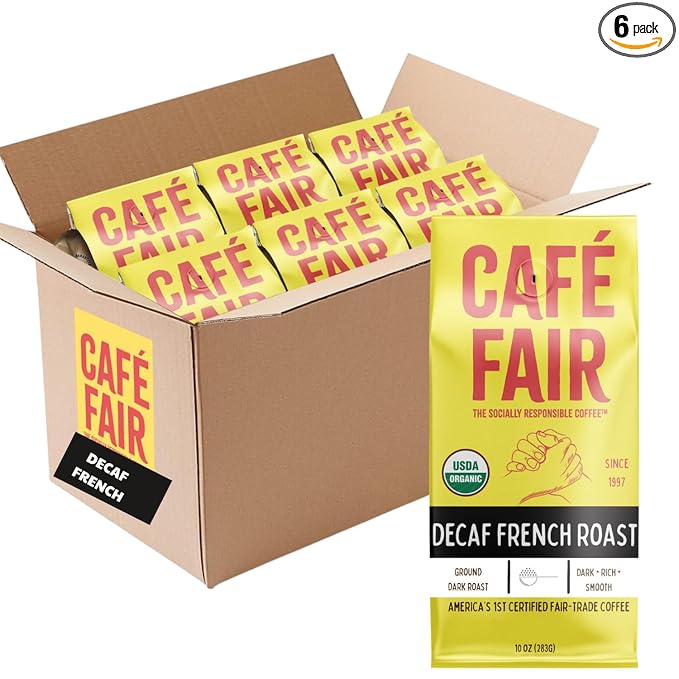 Café Fair Organic Decaf French Roast Ground Coffee – Swiss Water Process – Dark Roast Bold &amp Smooth Flavor – Fair Trade – 10 oz Bags (Pack of 6)
