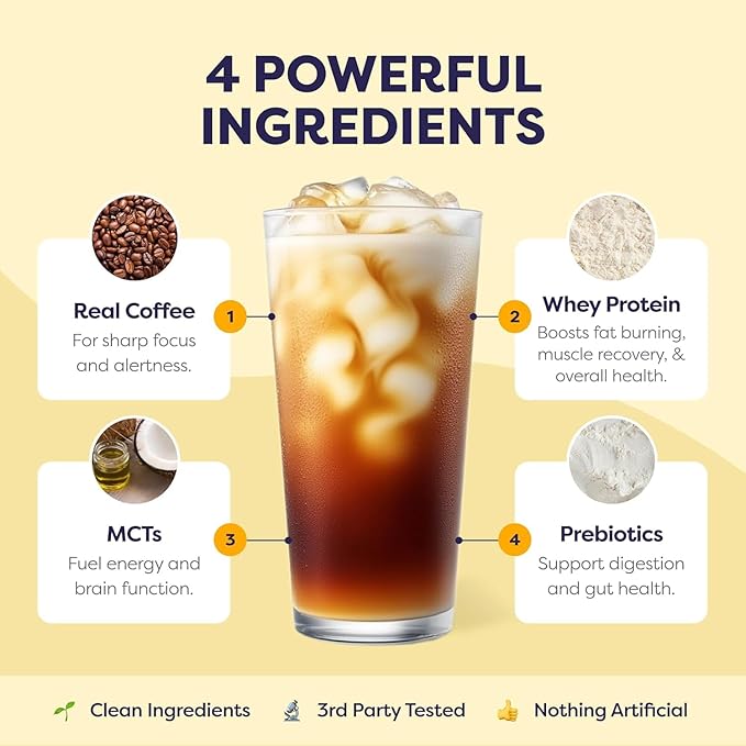 Protein Iced Coffee - Premium Whey Protein &amp Instant Iced Coffees - 100% Natural Cold Brew - Zero Artificial Flavors &amp Sweeteners 80 mg Caffeine Per Serving No Added Sugar 20 Servings - 4 P